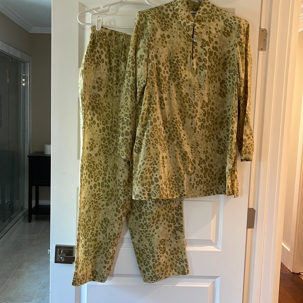 Silk Olive green Leopard pants suit